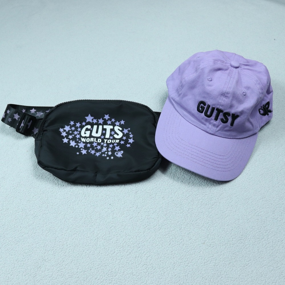 Olivia Rodrigo GUTS World Tour VIP Merch Gutsy Purple Hat & Black Zip Fanny Pack